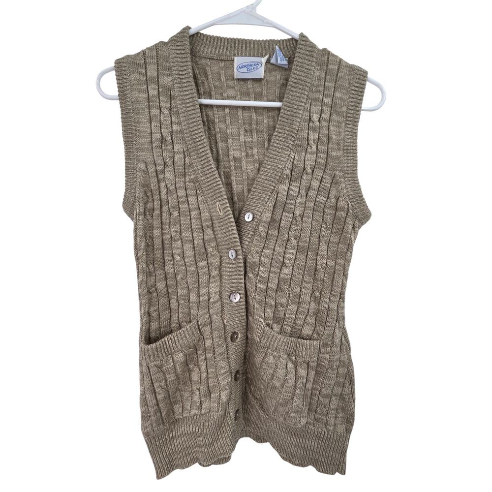 VINTAGE NORTHERN ISLES SMALL Y2K CABLE KNIT BUTTON UP SWEATER VEST